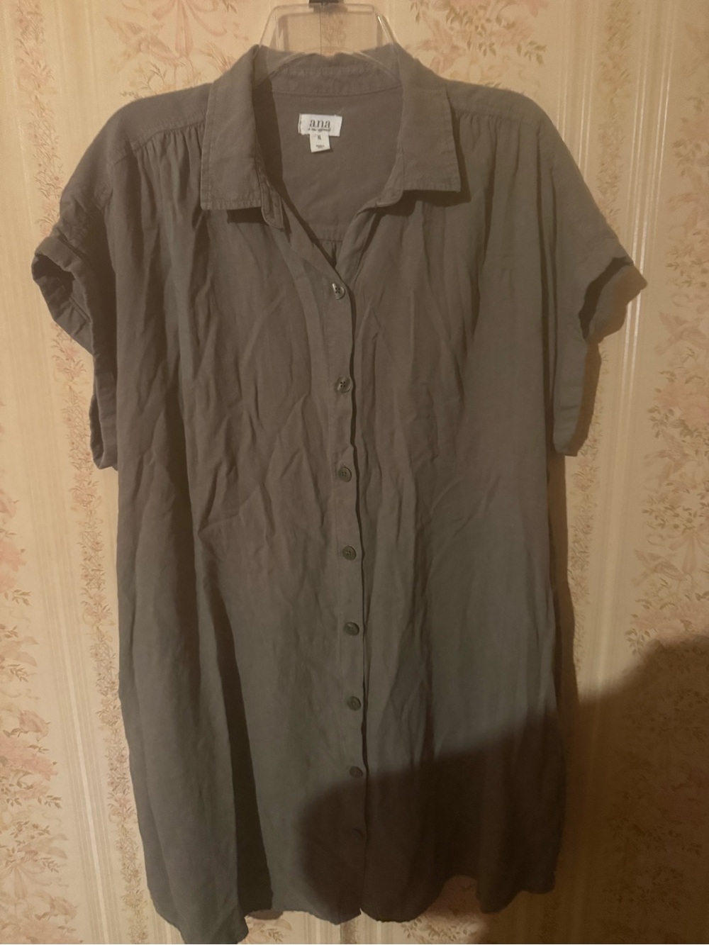 a.n.a Woman’s Short-Sleeve Button-Front Shirt Dress—Army Green.